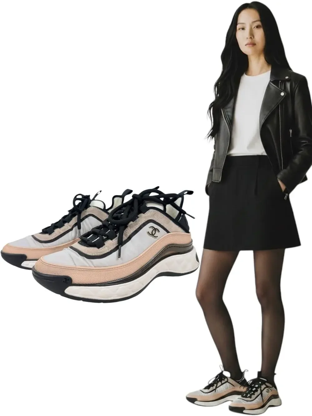 Chanel SS23 Suede Calfskin CC Lace Up Low Top Sneakers Light Pink Size 37.5